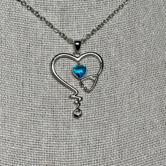 Charming Heart Stethoscope Blue/Silver Pendant Necklace, on 16”-18” Chain. - Picture 3 of 4